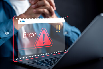 Cyber warning error alert on laptop screen system failure, data security issue, cyber risk, online threat, troubleshooting, and digital protection.