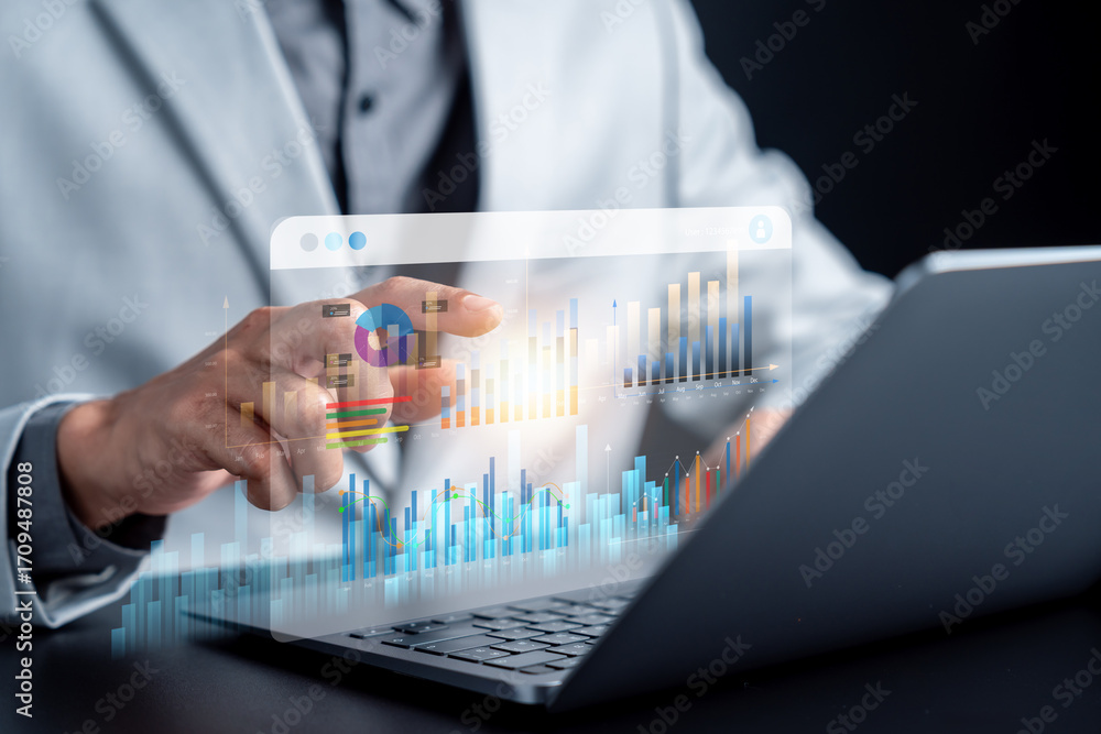 Poster data analytics dashboard with bar charts, line graphs for business performance. digital insights, fi