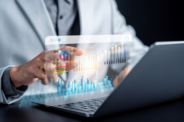 Data analytics dashboard with bar charts, line graphs for business performance. digital insights, financial analysis, smart decision making, and business growth strategy.