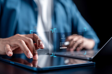Data protection and cybersecurity with digital lock, secure login, and encrypted information technology for online safety, privacy, and secure data management.