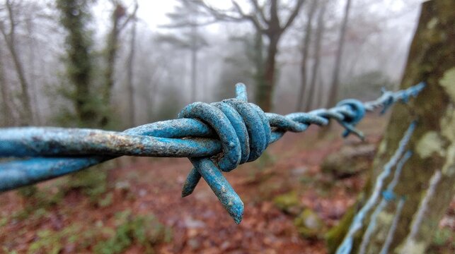 Close-up of rusty barbed wire fence in misty forest - Powered by Adobe