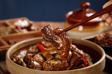 Country Style Duck Goose Potato Stew Casserole Traditional Farmhouse Cooking with Chopsticks