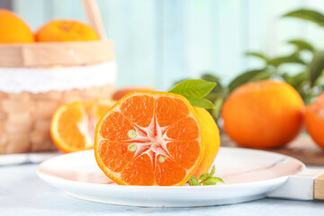 Fresh Yichang Oranges with Honey - Autumn Citrus Fruits on White Plate