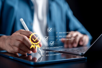Digital form document check with approval and certificate badge on tablet, compliance verification, checklist validation, audit process, and business workflow in corporate management.