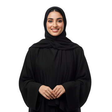 Smiling Arabian woman in a black hijab and abaya on white or transparent background