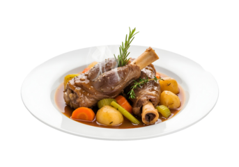 Two lamb shanks on a white plate with vegetables steaming on white or transparent background