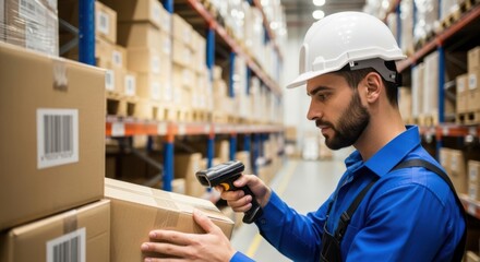 Warehouse worker in blue shirt and white helmet scanning barcode on cardboard box with handheld scanner