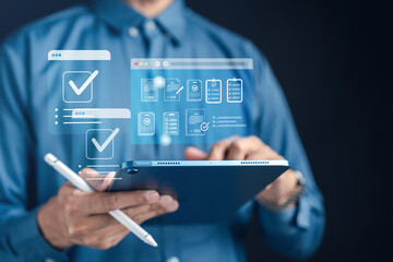 Digital document approval, online checklist, compliance validation, and workflow management for business process efficiency, representing verification, organization, productivity, and secure