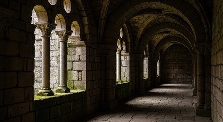 Fototapeta premium Ancient stone cloister walkway with arched windows and columns