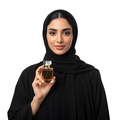 An Arab woman in hijab holds perfume on white or transparent background