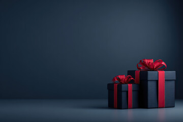 Two black gift boxes with red ribbons arranged in a row against a dark background