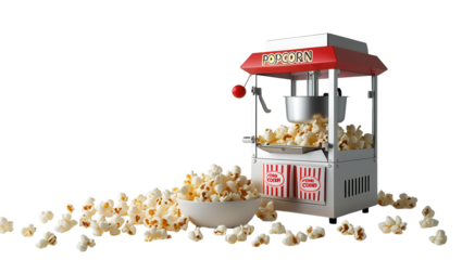 A gleaming white popcorn popper, complete with red accents, stands next to a bowl overflowing with freshly popped popcorn on a black background.