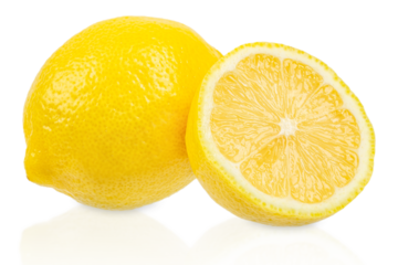 Bright fresh lemon with a half slice on a white background, top view with copy space for advertising, design, and menu