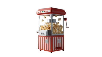 A classic red and white striped popcorn machine, filled with golden popcorn, is displayed against a black backdrop.