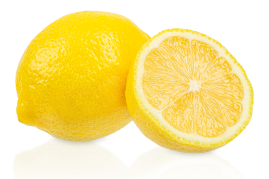 Bright fresh lemon with a half slice on a white background, top view with copy space for advertising, design, and menu