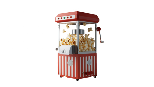 A classic red and white striped popcorn machine, filled with golden popcorn, is displayed against a black backdrop.