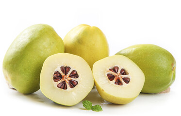 Fresh Green Papayas Cut Half White Flesh Seeds Yunnan Tropical Fruit Exhibition White Background