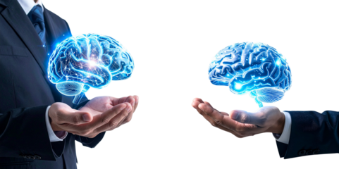 Business professionals holding digital brains in PNG image symbolize innovation and technology