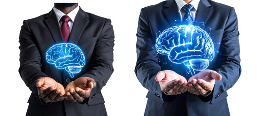 Two business professionals in suits hold glowing digital brain holograms symbolizing innovation and technology in transparent PNG format