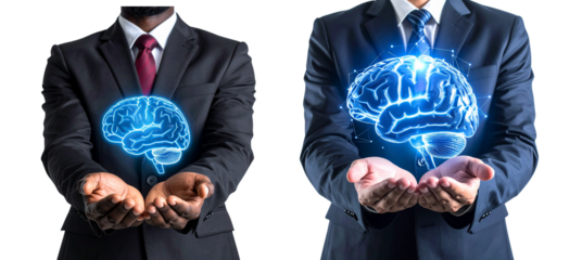Two business professionals in suits hold glowing digital brain holograms symbolizing innovation and technology in transparent PNG format