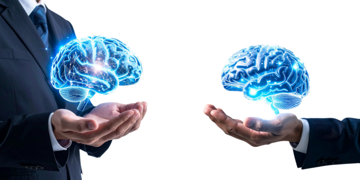 Business professionals holding digital brains in PNG image symbolize innovation and technology