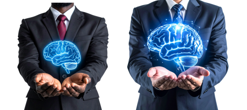 Two business professionals in suits hold glowing digital brain holograms symbolizing innovation and technology in transparent PNG format