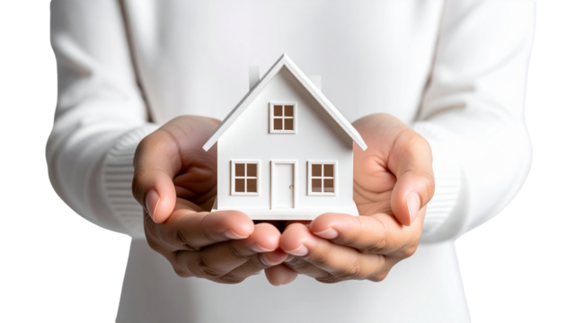 Person holding small white house model symbolizing real estate business on transparent background for PNG use