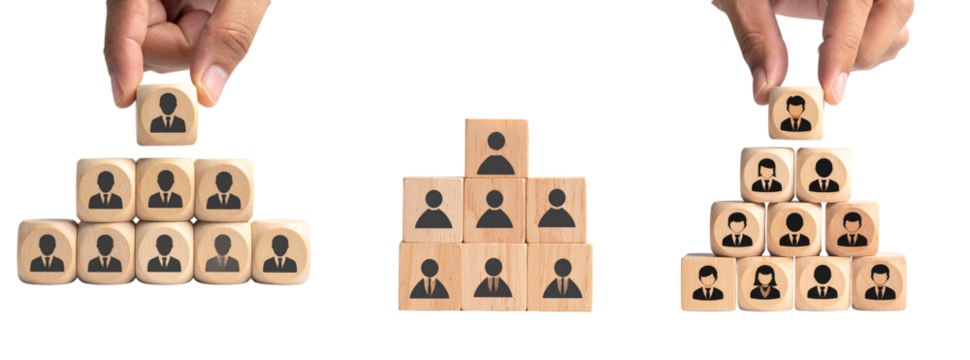 Wooden blocks with business icons form pyramid structure on transparent PNG background