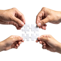 Four hands holding puzzle pieces symbolizing teamwork and collaboration in business on transparent PNG background