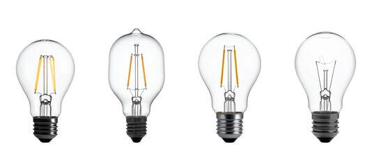 Four different light bulbs are displayed in row on transparent background, ideal for business presentations or PNG graphics