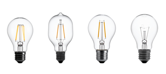 Four different light bulbs are displayed in row on transparent background, ideal for business presentations or PNG graphics