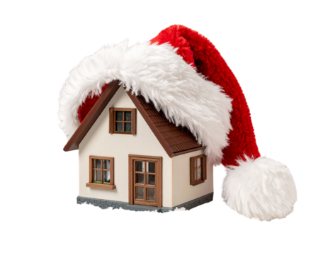 a miniature house adorned with festive red santa hat