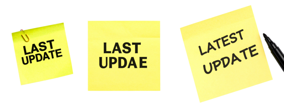 Yellow sticky notes with Last Update and Latest Update text convey business reminder concept in PNG format