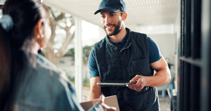 Package, woman or delivery man with tablet at front door for supply chain, box exchange or shipping. Courier service, happy worker and customer with tech in home for parcel distribution and ecommerce