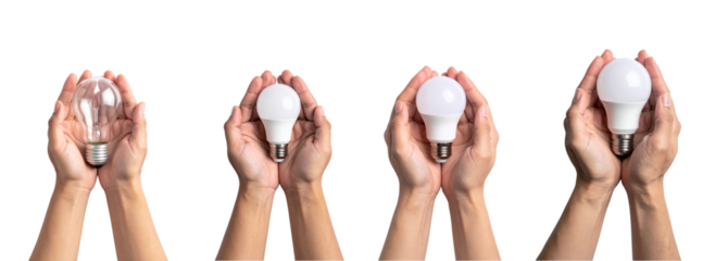 Hands holding various light bulbs symbolizing business innovation on transparent PNG background