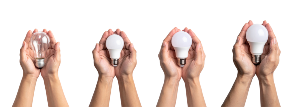 Hands holding various light bulbs symbolizing business innovation on transparent PNG background