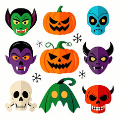 Fototapeta premium A collection of whimsical Halloween icons featuring vampires, pumpkins, and skulls in a flat design style.