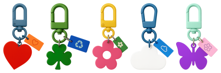 PNG Colorful keychains with playful designs, element set on transparent background
