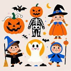 Whimsical Halloween characters including a skeleton in a pumpkin costume, a witch with a broom, a ghost, and a child in a blue costume holding a pumpkin staf...