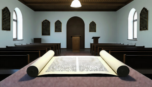 Torah scroll in synagogue, sacred ambiance, realism stock photo -