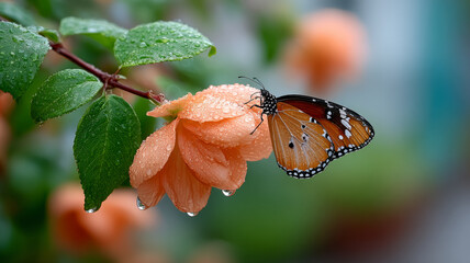 Butterfly perched on a dewy orange flower in a garden.