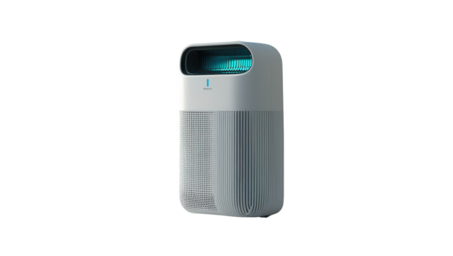 Modern, light gray air purifier stands out against a dark background.