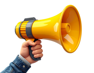 Cartoon Hand Holding a Bright Yellow Megaphone on transparent background, megaphone w