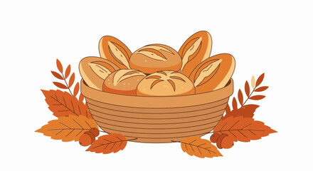 Delicious Freshly Baked Bread and Croissants Assorted in a Wicker Basket on Autumn Leaves Displaying Hospitality Warmth and Comfort in Rustic Kitchen or Bakery Setting