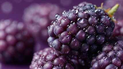 Fresh blackberries with water droplets on a purple background.
