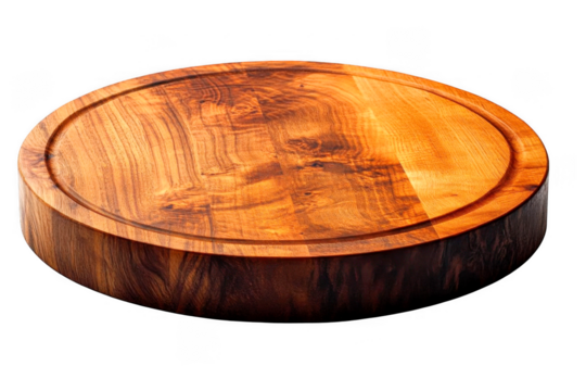 Dark brown rustic wooden board features a circular shape 