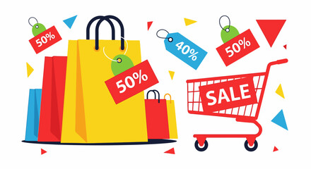 Colorful Shopping Bags and Sale Shopping Cart with Discount Tags for Retail Promotions and Customer Convenience, Featuring Bright Colors, Percentage Discounts, and Dynamic Store Offers