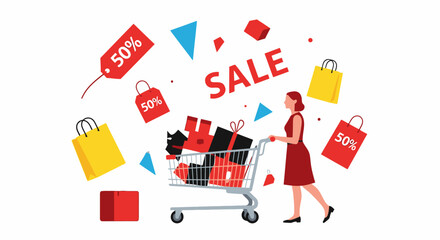 Modern Woman Shopping Cart Full of Discounted Products and Sale Tags in a Vibrant Retail Scene, Illustrating Consumerism, Promotions, and Shopping Excitement for E-commerce and Retail Marketing