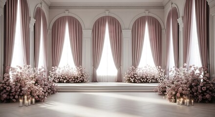 Elegant Wedding Venue Interior with Pink Accents.