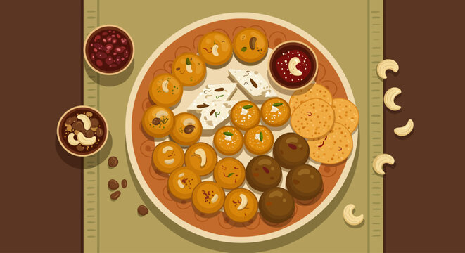 This flat design illustration showcases a tempting array of traditional Indian sweets and savory snacks, central to Diwali festivities.